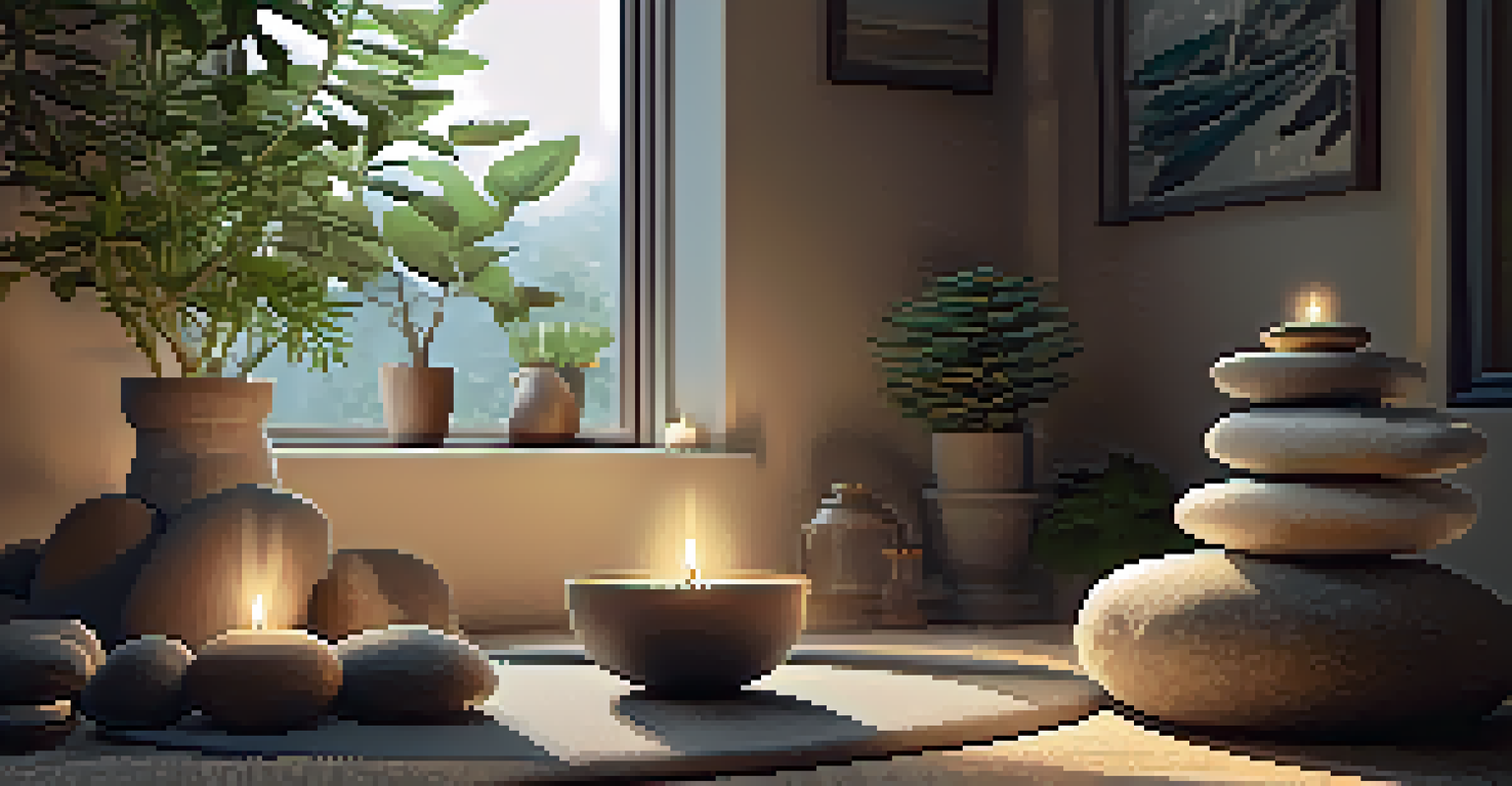 A cozy meditation space with candles, a cushion, and natural elements, creating a peaceful atmosphere for intention setting.