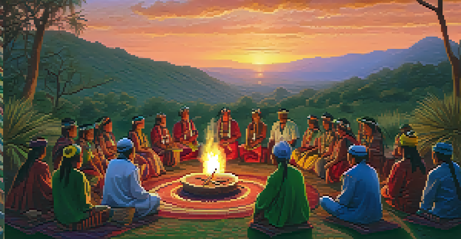 An Indigenous ceremony with participants in traditional attire gathered around a fire with peyote cacti in a green valley.