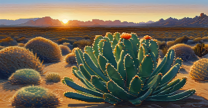 A close-up view of a Peyote cactus in a desert landscape during sunset, showcasing its unique round buttons and warm golden light.