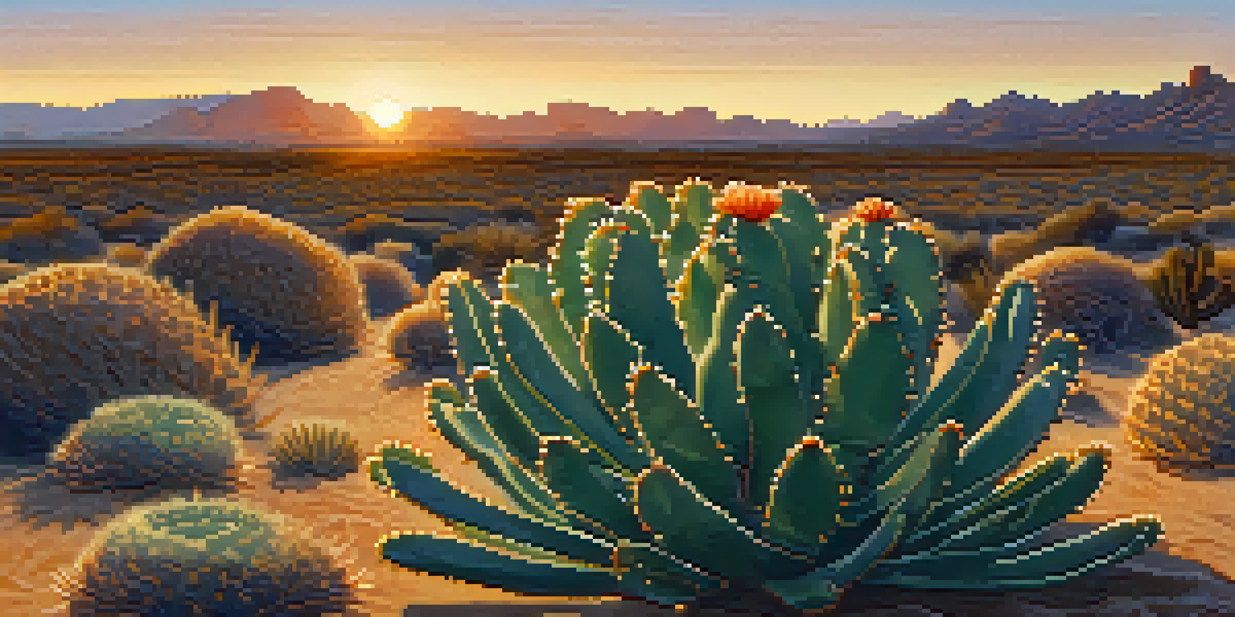 A close-up view of a Peyote cactus in a desert landscape during sunset, showcasing its unique round buttons and warm golden light.