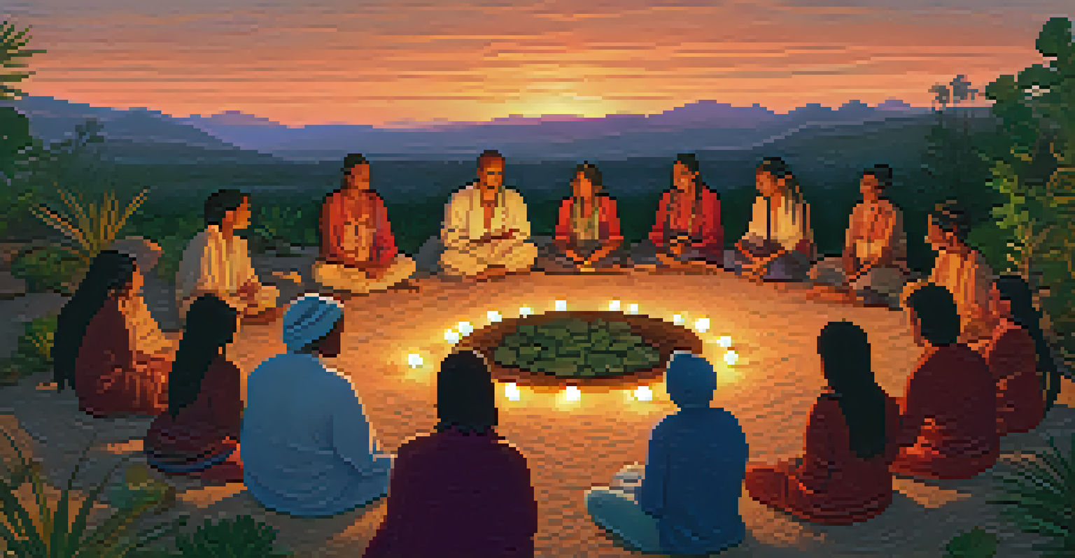 A diverse group of people participating in a Peyote ceremony, illuminated by candlelight in a tranquil setting.