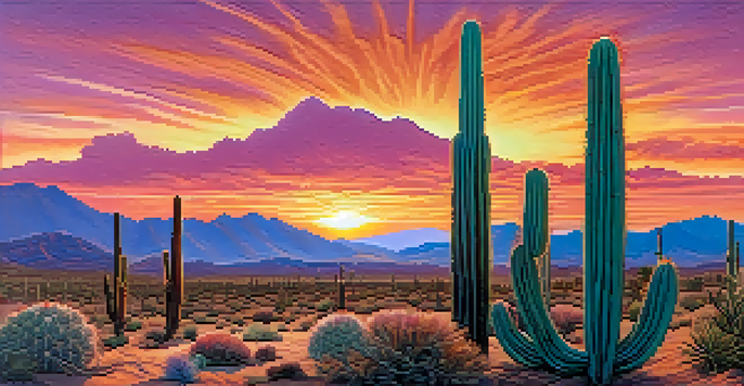 A peaceful desert scene featuring peyote cacti under a colorful sunset sky.