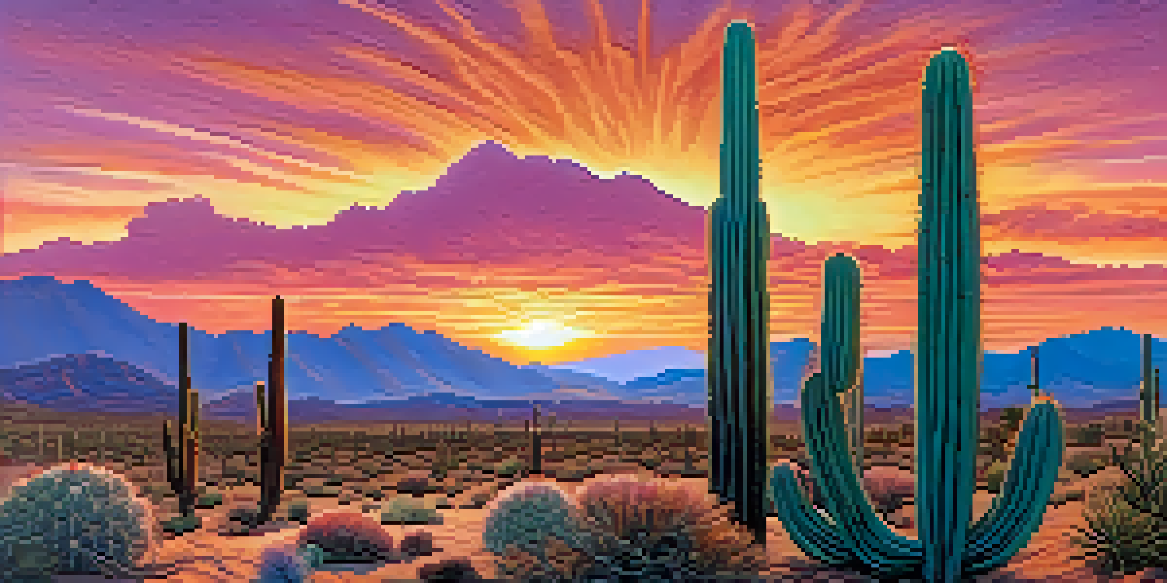 A peaceful desert scene featuring peyote cacti under a colorful sunset sky.