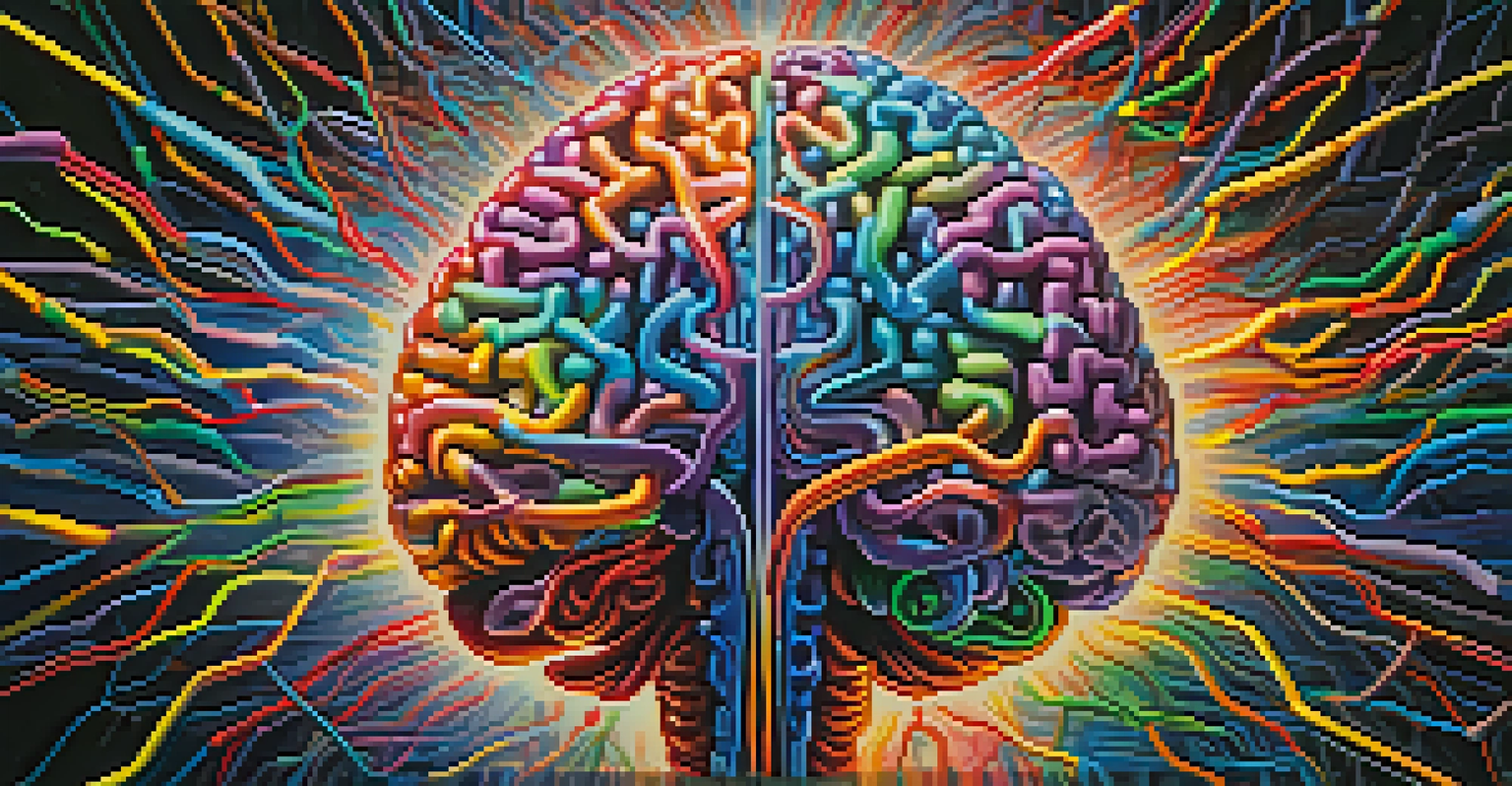 An artistic depiction of a human brain with colorful neural pathways against an abstract background, symbolizing creativity and altered perceptions.