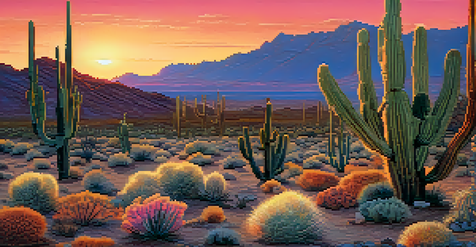 A small peyote cactus in a desert landscape at sunset, with colorful sky and distant mountains.