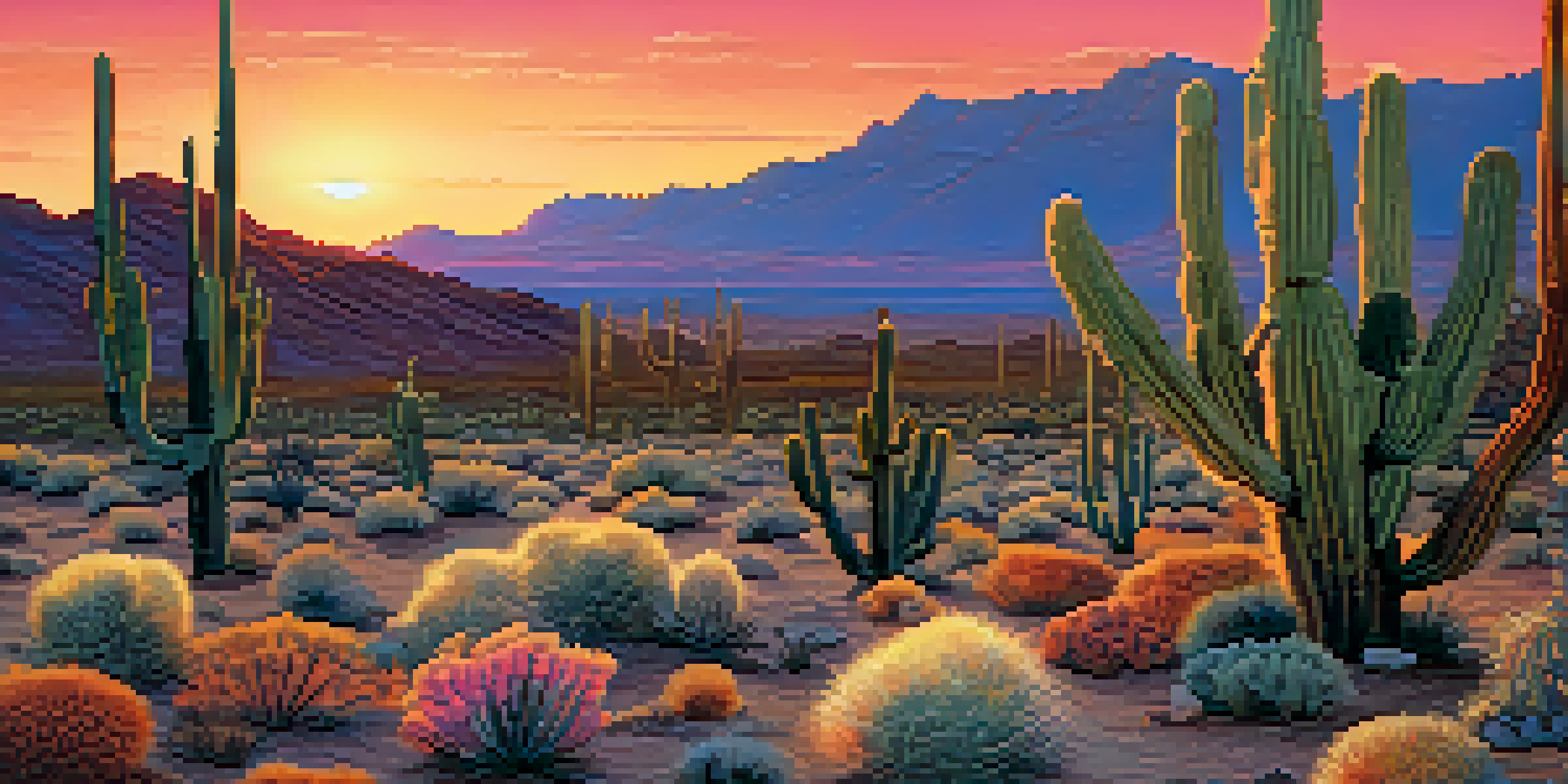 A small peyote cactus in a desert landscape at sunset, with colorful sky and distant mountains.