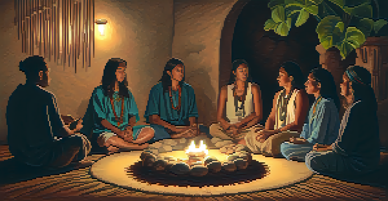 A group of people in a circle during a peyote ceremony, with candles and natural elements creating a warm atmosphere.