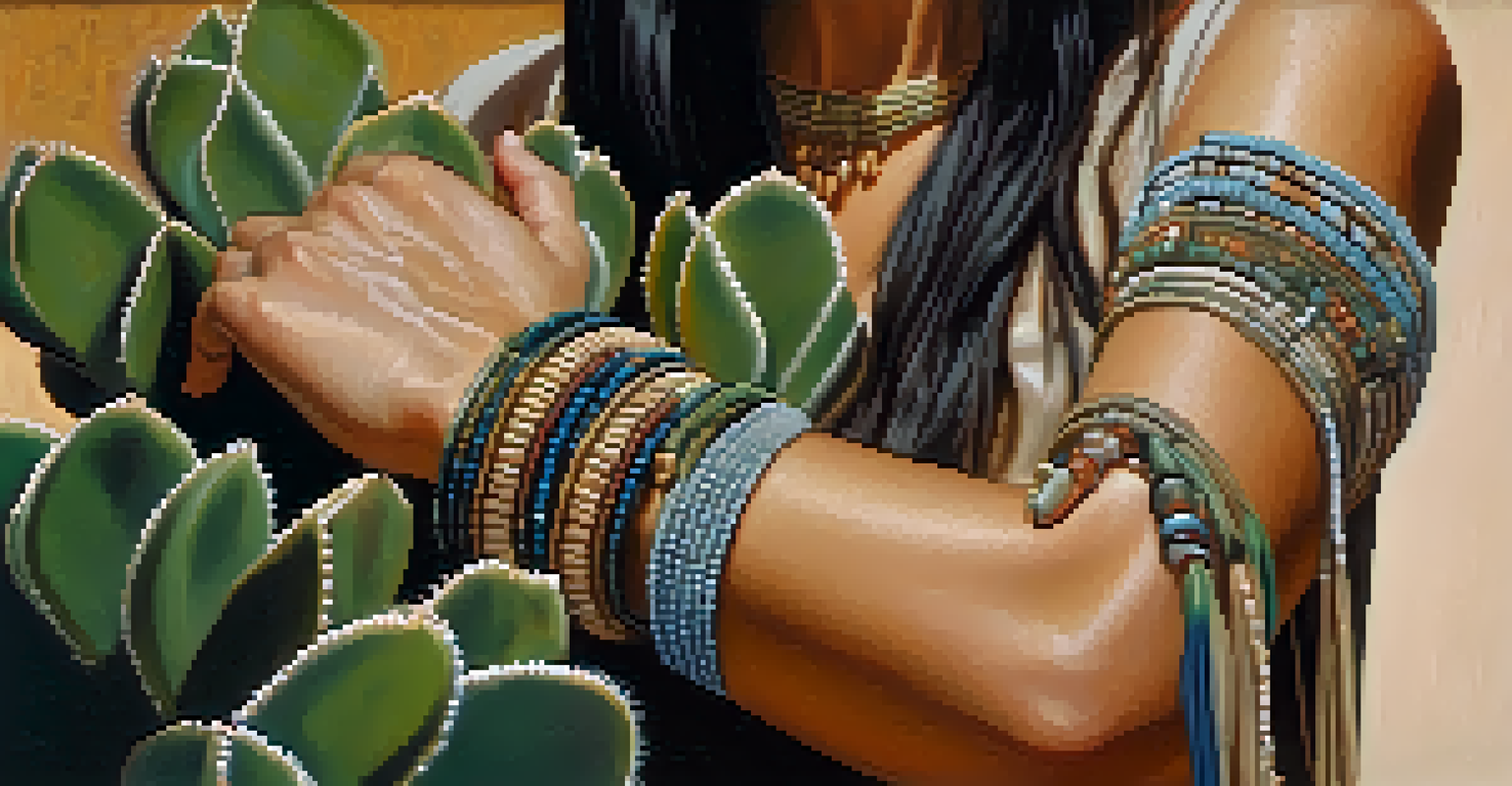 A woman holding a peyote cactus, adorned with traditional jewelry, captured in a close-up shot with a softly blurred background.