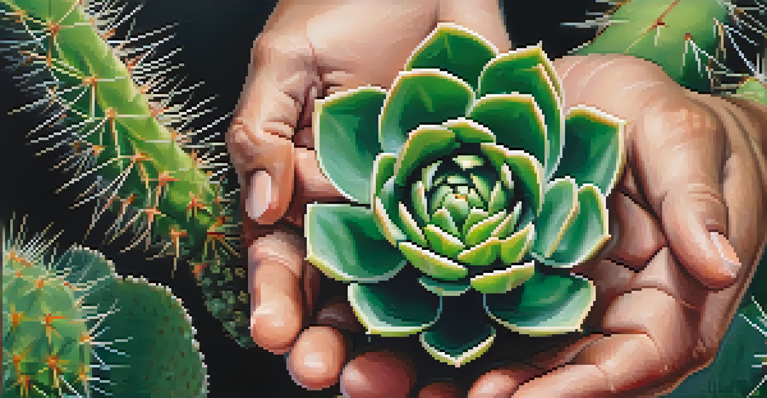 A close-up of hands holding a Peyote cactus with a blurred background, emphasizing the texture of the cactus.