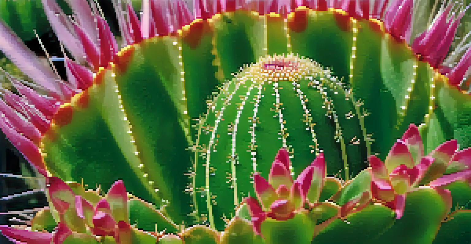 A close-up of a peyote cactus with dew on its spines and colorful wildflowers in the background.