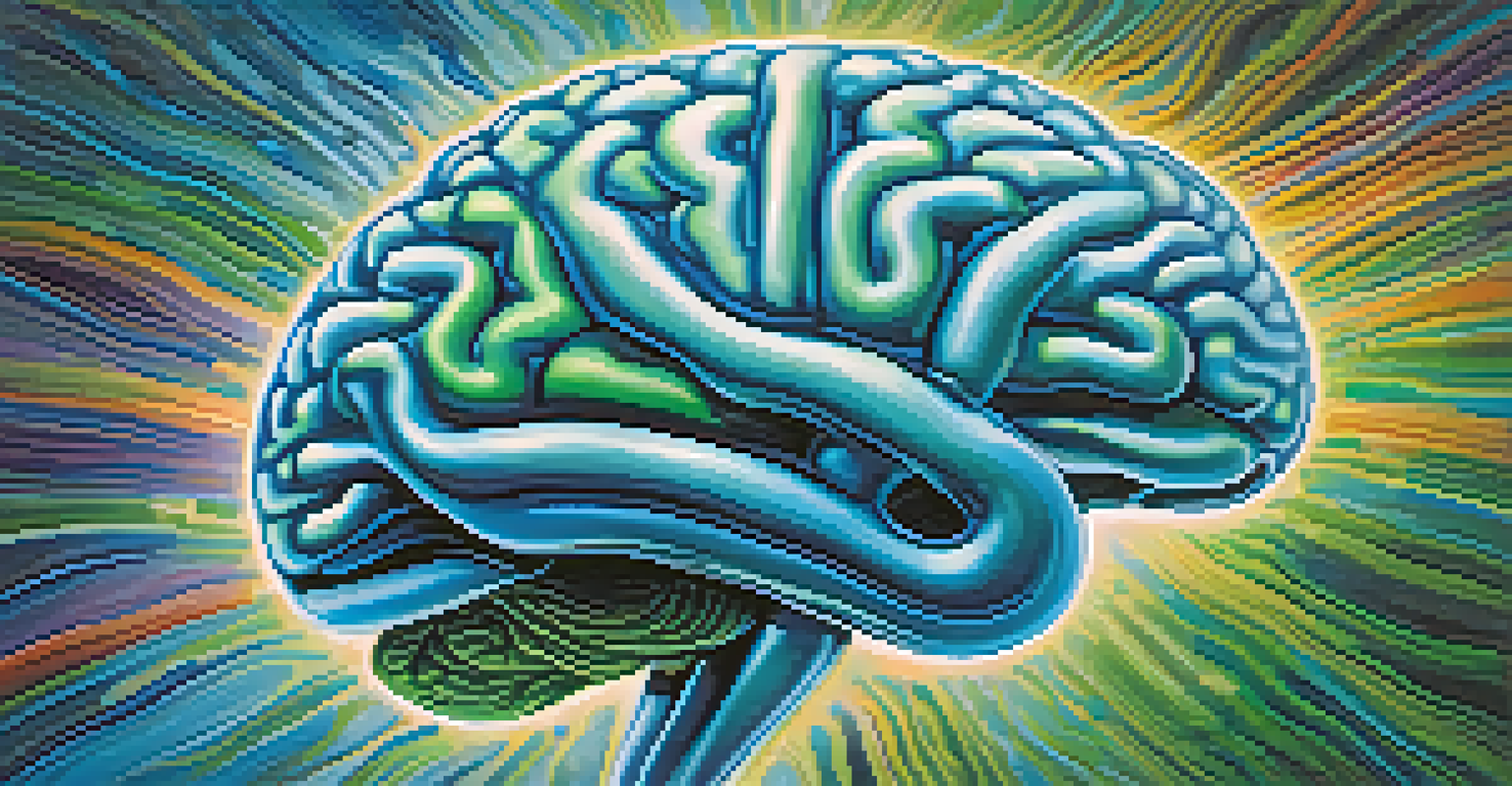An artistic illustration of a human brain with highlighted activity areas, surrounded by swirling patterns of light and color.