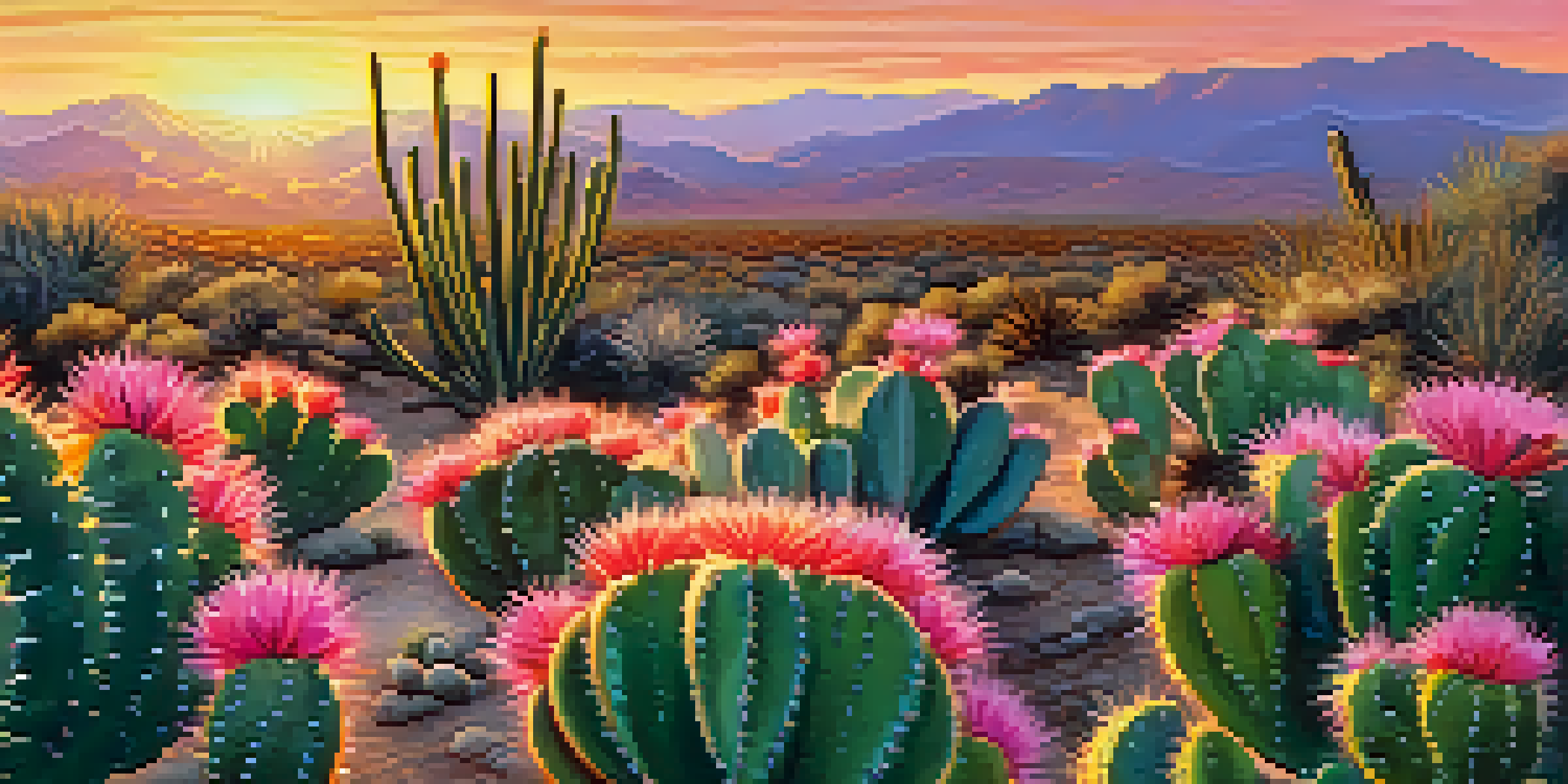 A close-up view of a peyote cactus in a desert landscape during sunset, with vibrant colors and soft light.