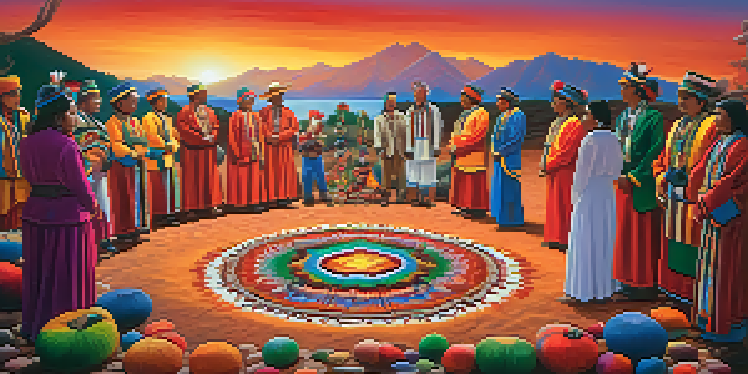 Participants in a peyote ceremony wearing traditional attire, surrounded by colorful beadwork and paintings, illuminated by warm lighting in a natural landscape.