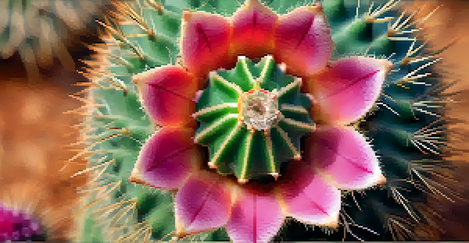 A detailed close-up of a peyote cactus, focusing on its unique texture and colors against a softly blurred natural backdrop.