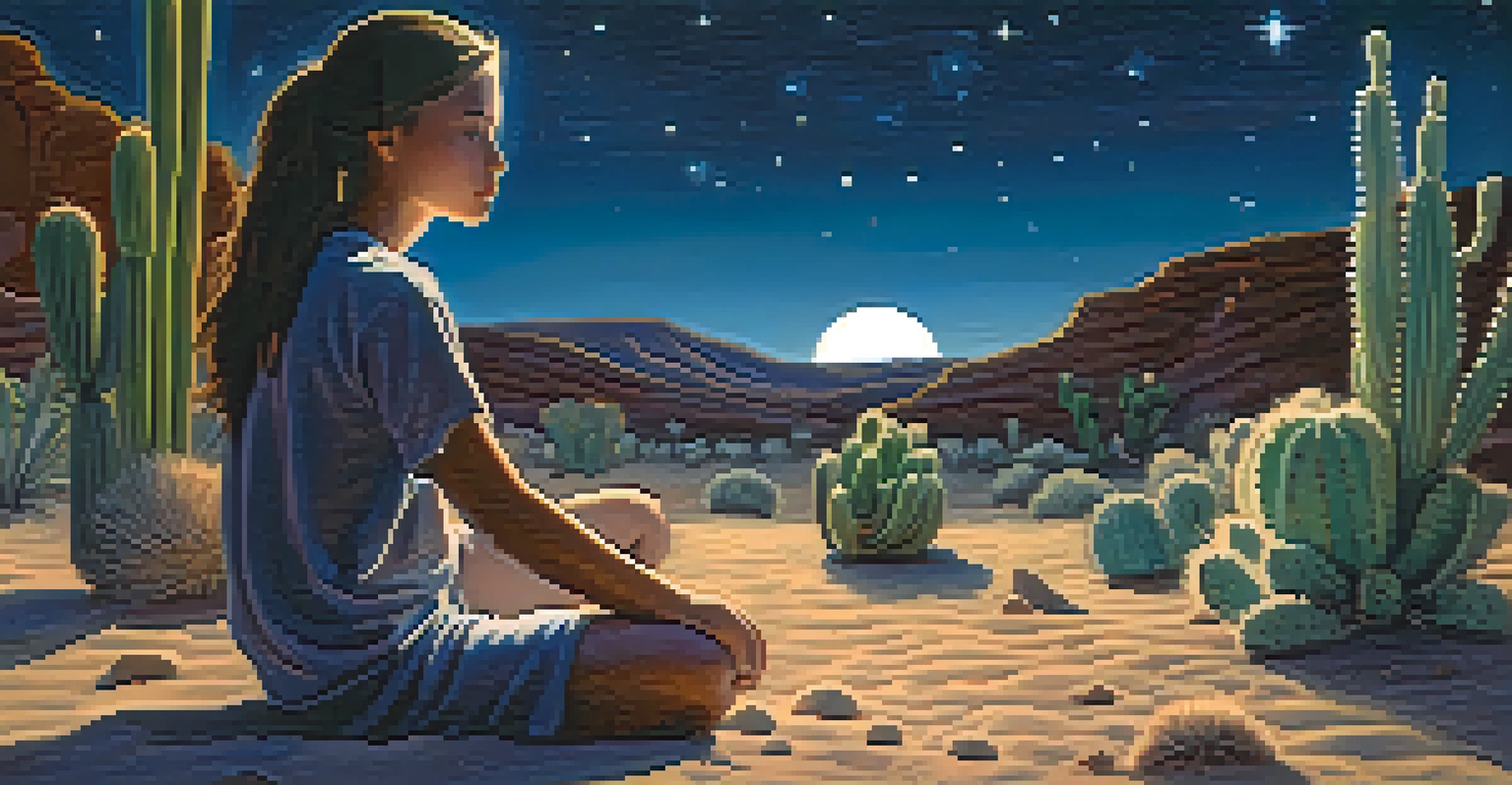 A character sitting in the desert at night, holding a peyote cactus under a starry sky.