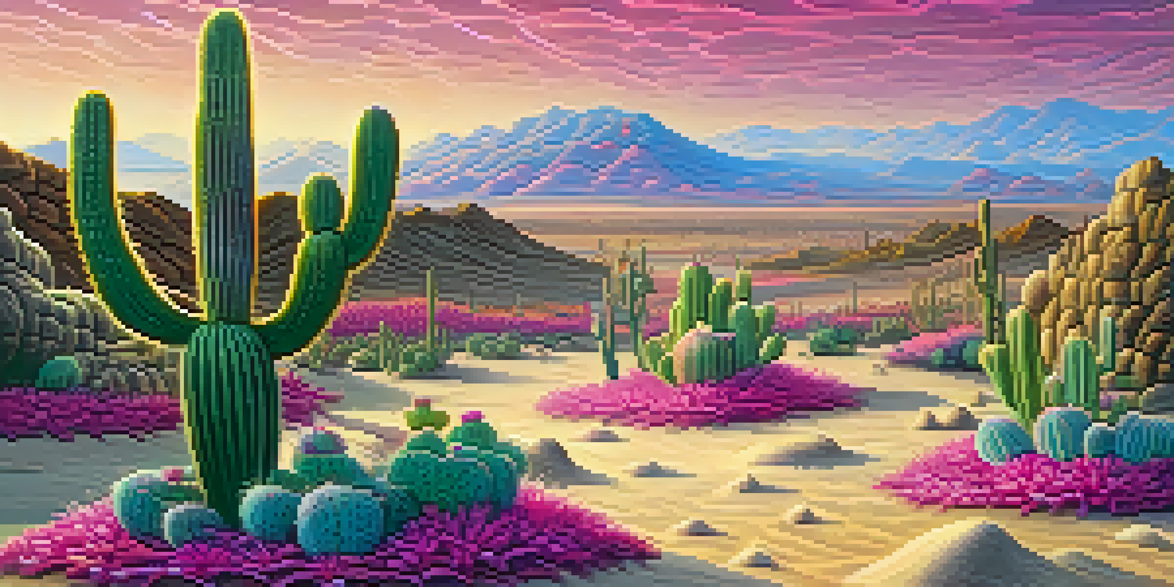 A colorful, surreal landscape with a detailed peyote cactus in the foreground, surrounded by a dreamy sky of swirling pink, purple, and gold colors.