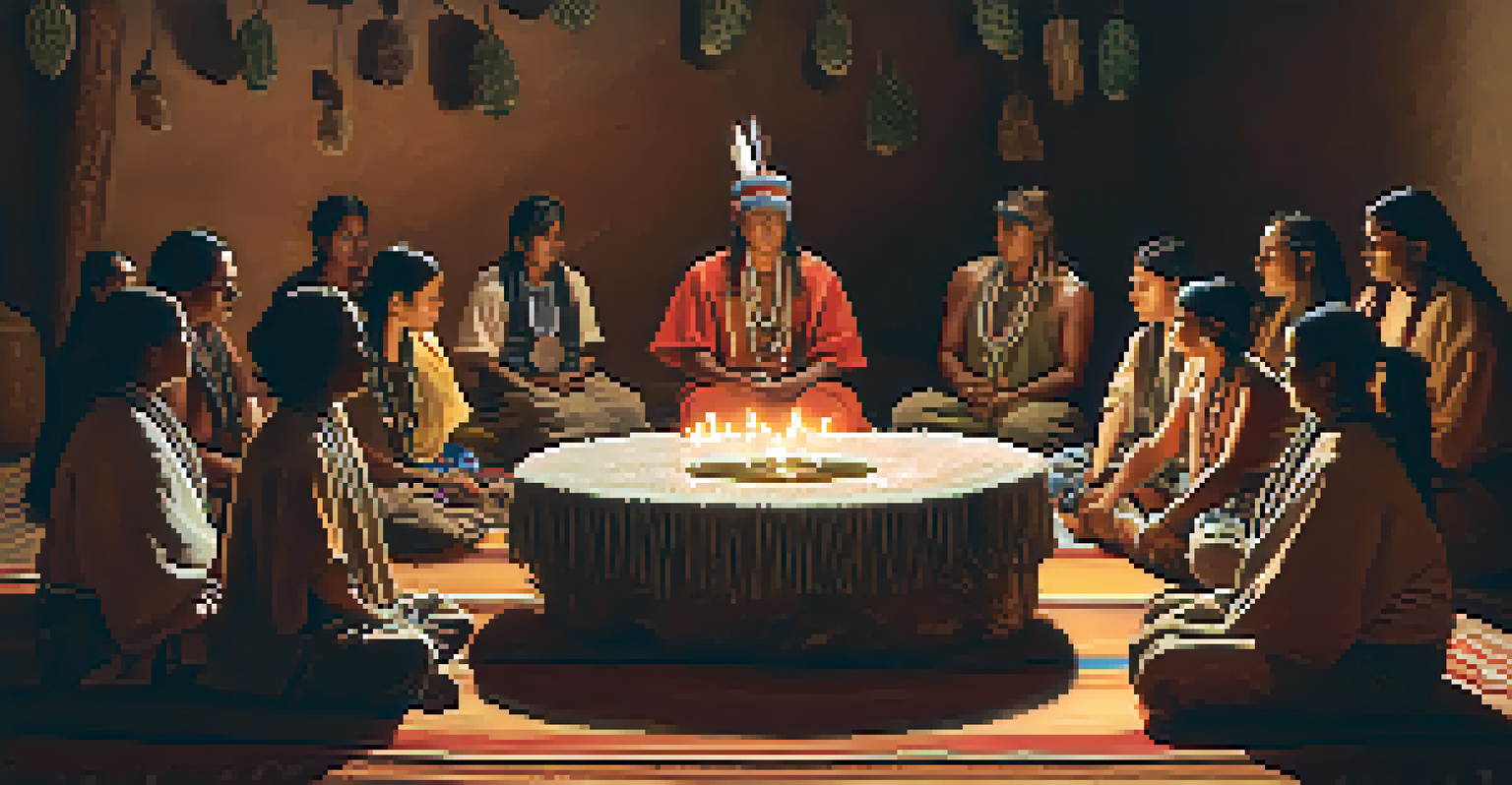 A group of Indigenous people in a circle, participating in a peyote ceremony with a table of peyote cacti in the center.