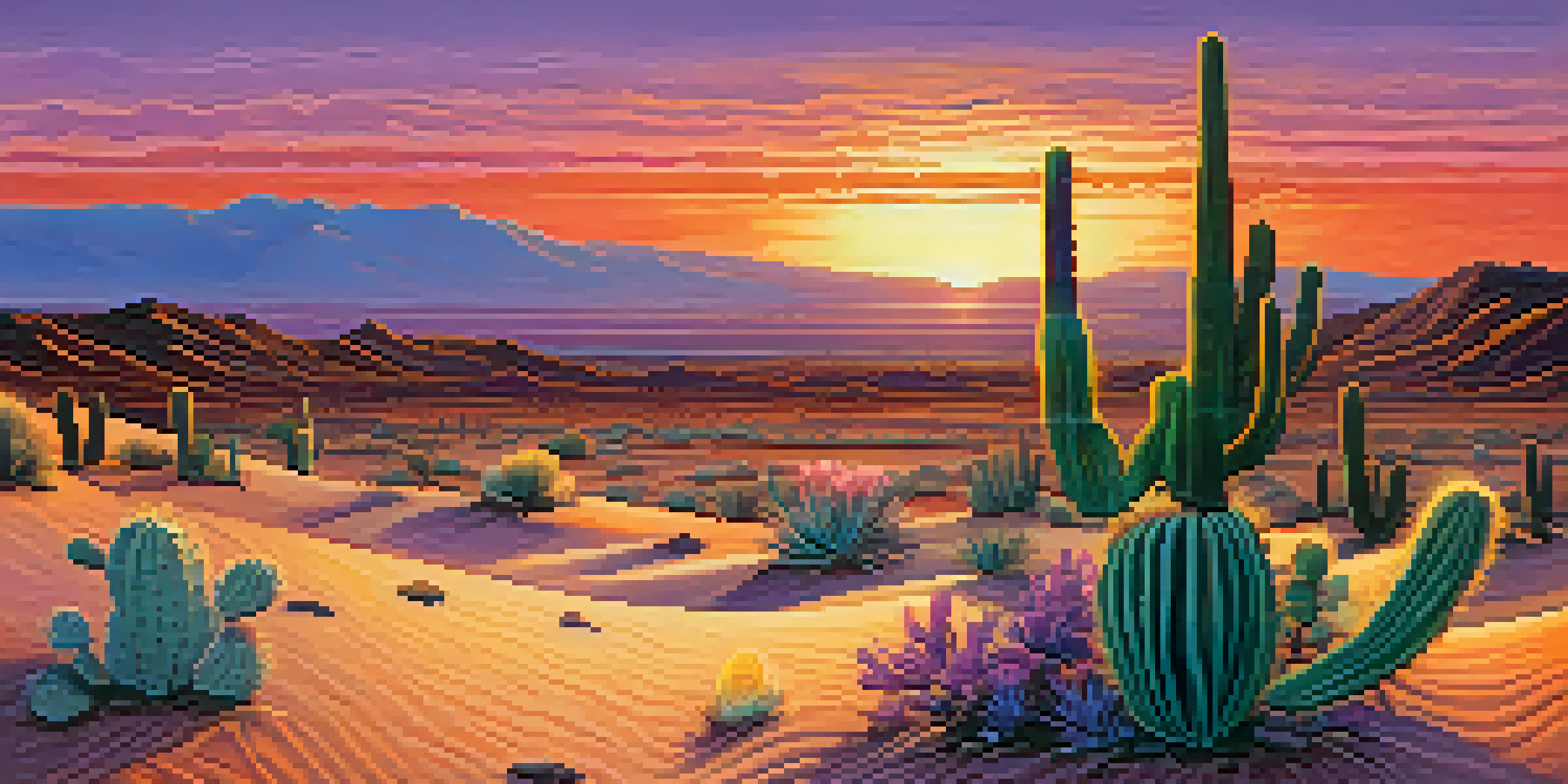 A peaceful desert scene with a peyote cactus in the foreground, surrounded by sand and stones, illuminated by a colorful sunset.