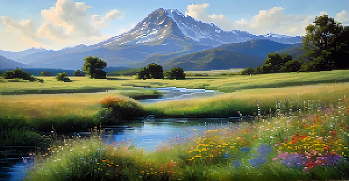 A peaceful meadow with colorful wildflowers, a flowing stream, and distant mountains under a clear sky.