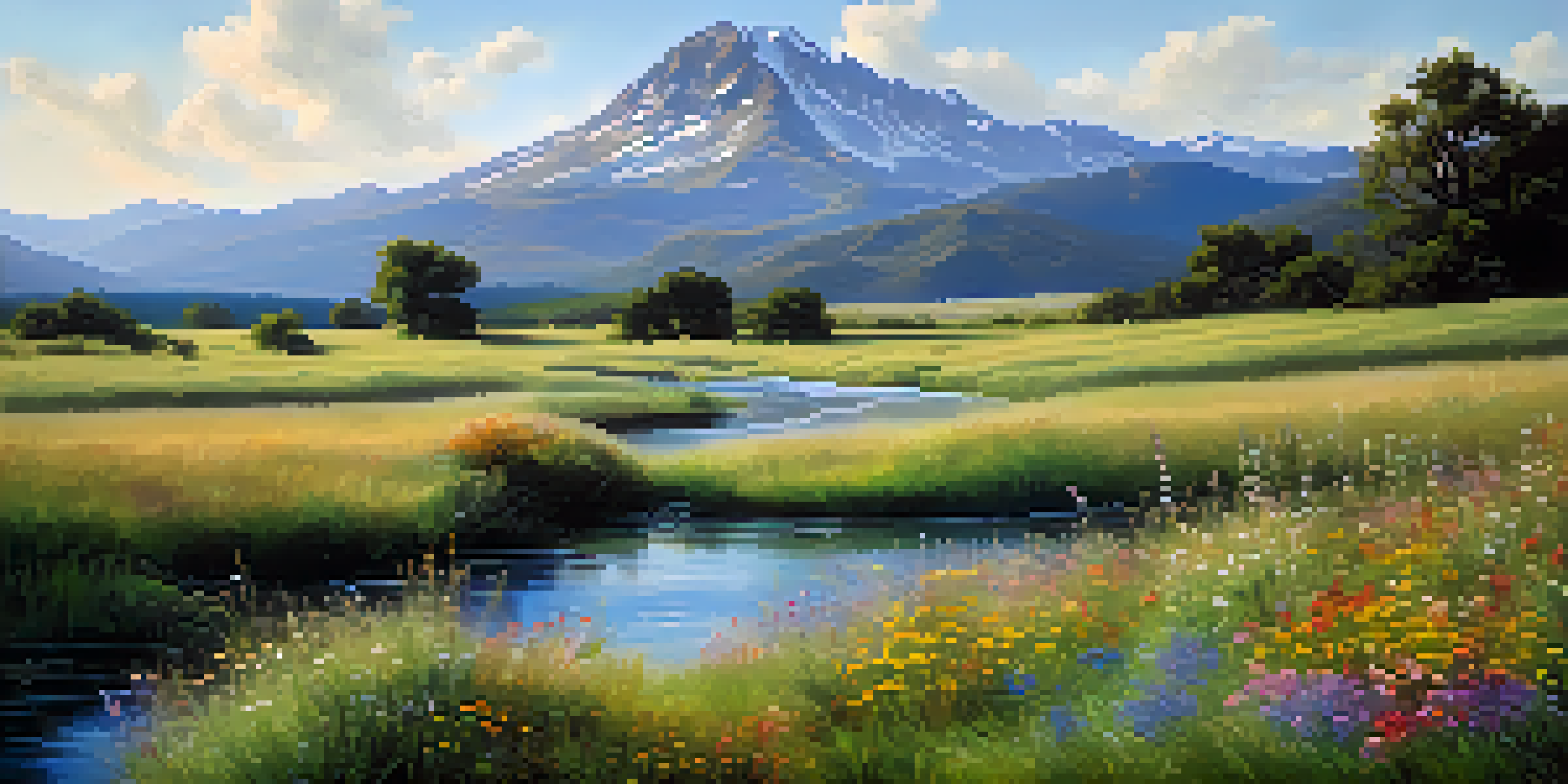 A peaceful meadow with colorful wildflowers, a flowing stream, and distant mountains under a clear sky.