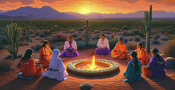 A diverse group of people participating in a peyote ceremony in the desert at sunset, surrounded by cacti and a central fire.