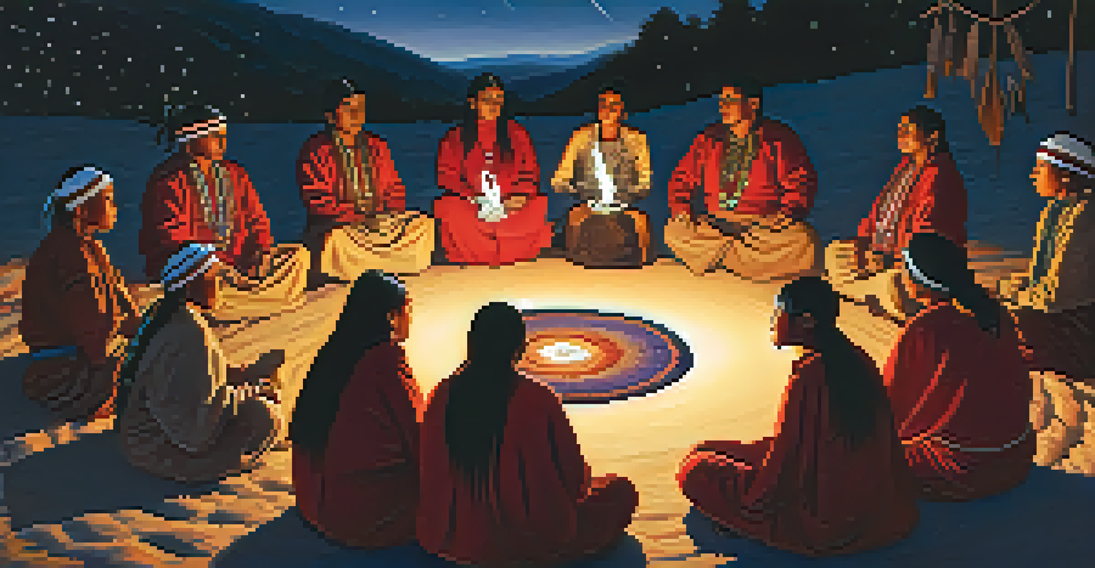 A group of indigenous people participating in a peyote ceremony under a starry sky, with a fire providing warmth and light.