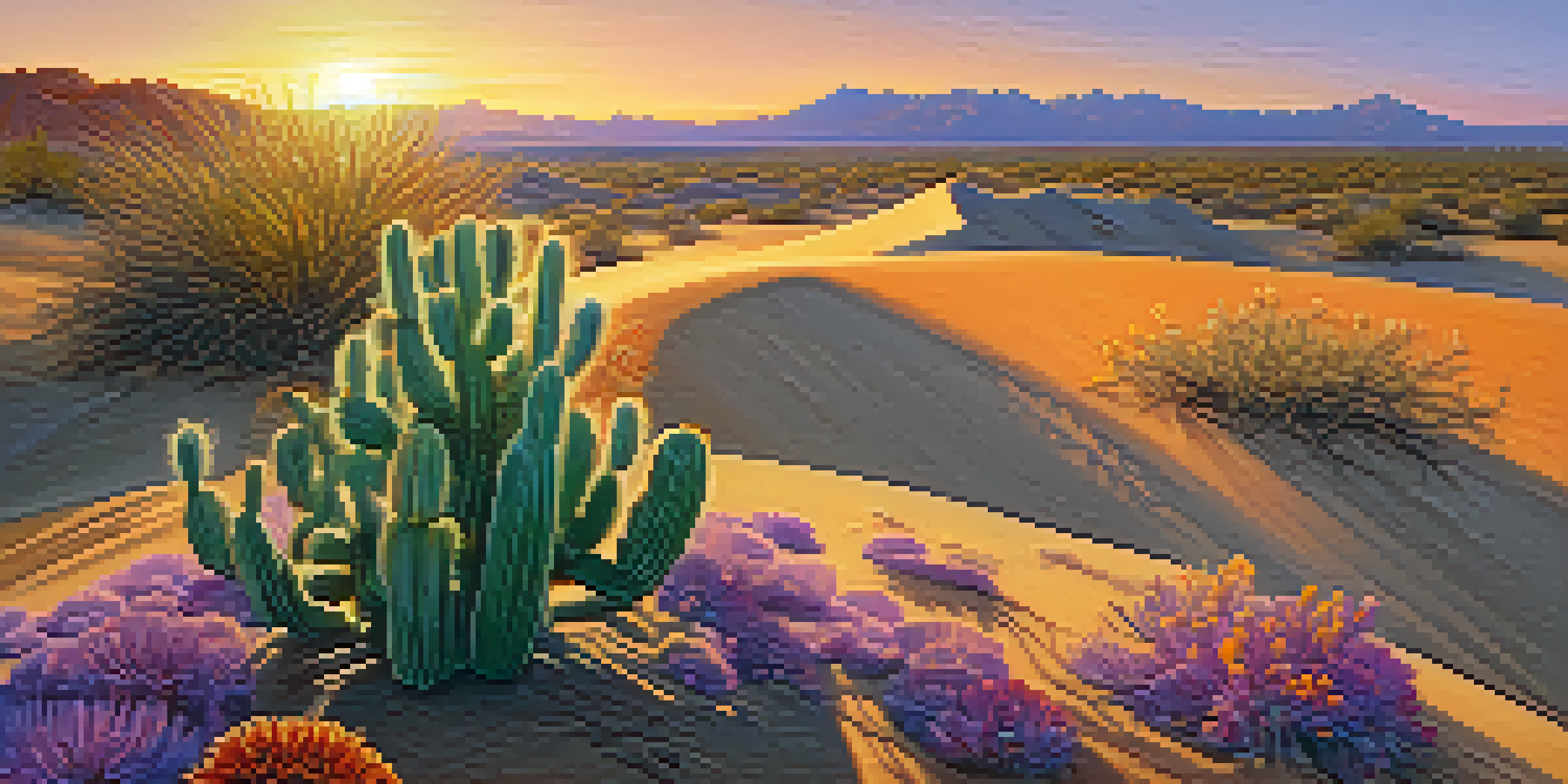 A desert scene showcasing a small peyote cactus at sunset, with a colorful sky and gentle shadows.