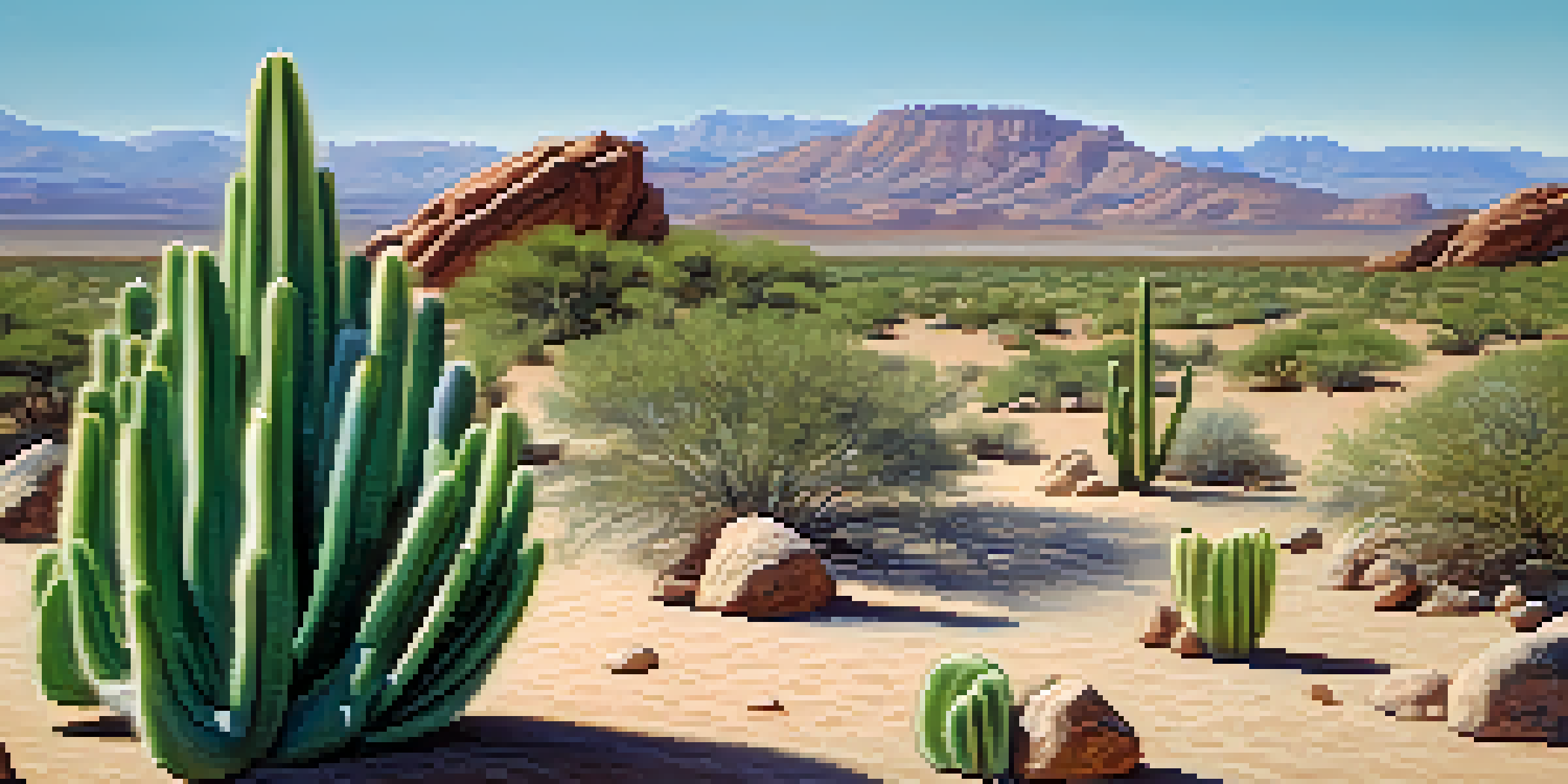 Close-up of a vibrant green peyote cactus in a desert landscape, with soft sunlight illuminating its texture and surrounding flora.