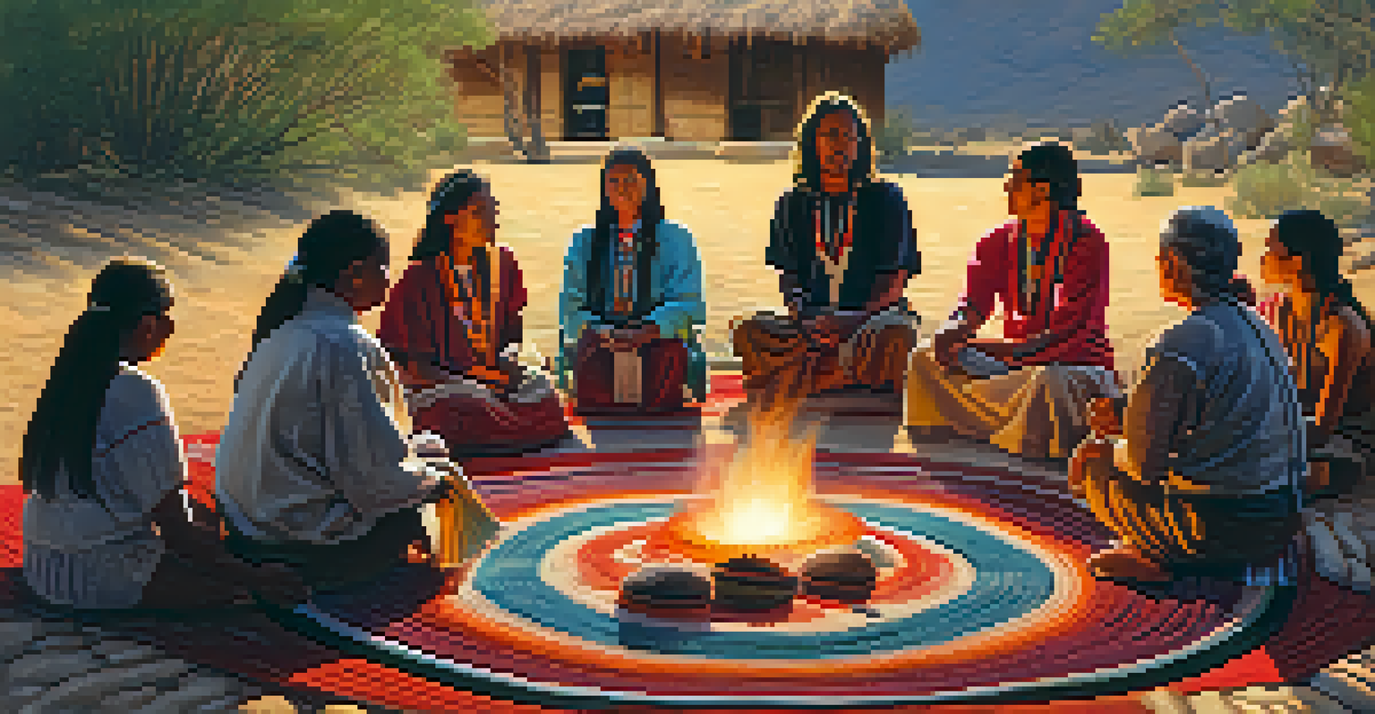 A group of people participating in a peyote ceremony around a fire, with traditional artifacts and warm lighting creating a communal atmosphere.