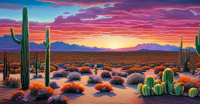 A peaceful desert landscape with Peyote cacti at sunset, featuring a colorful sky and textured sand.
