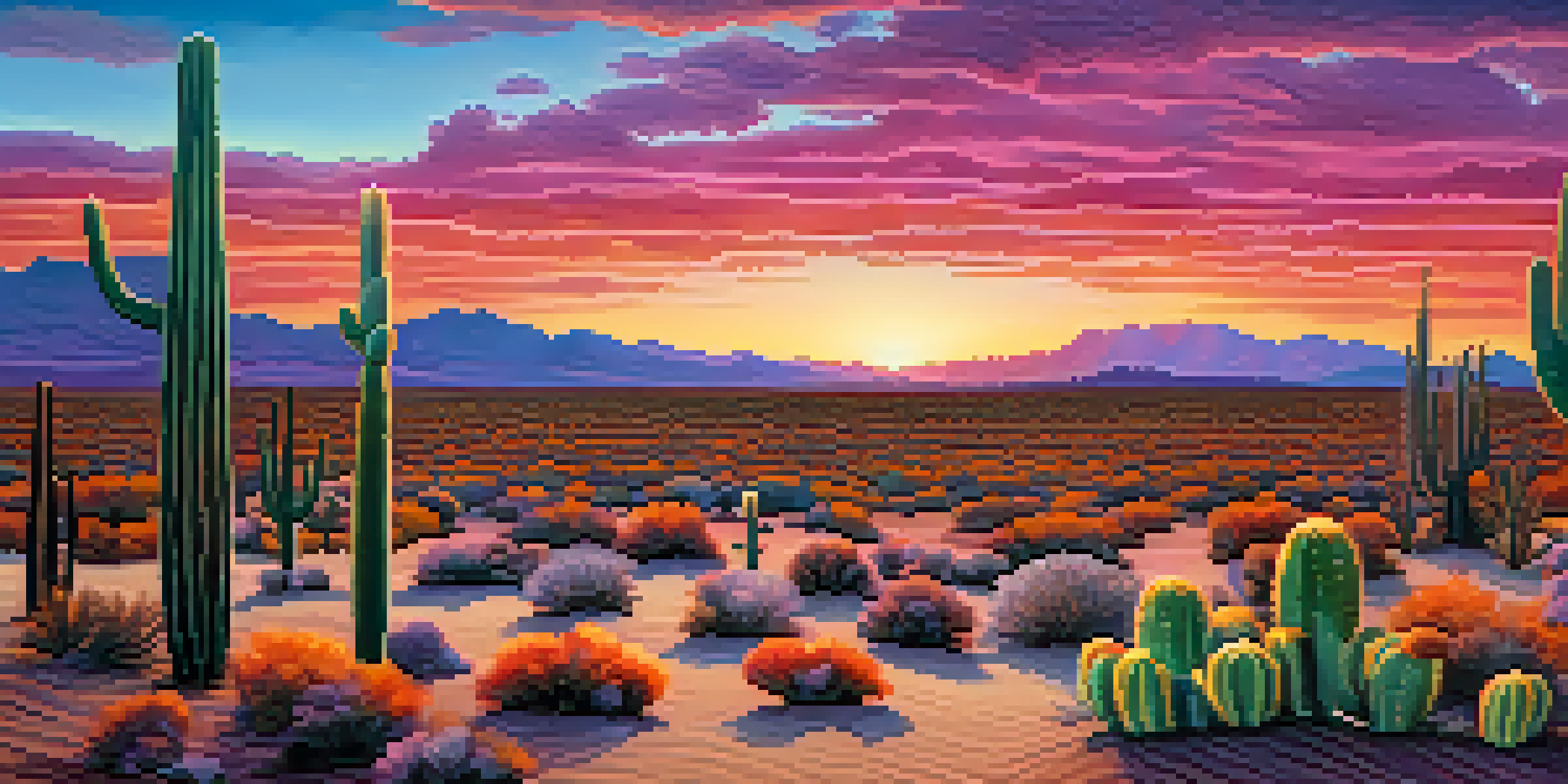 A peaceful desert landscape with Peyote cacti at sunset, featuring a colorful sky and textured sand.