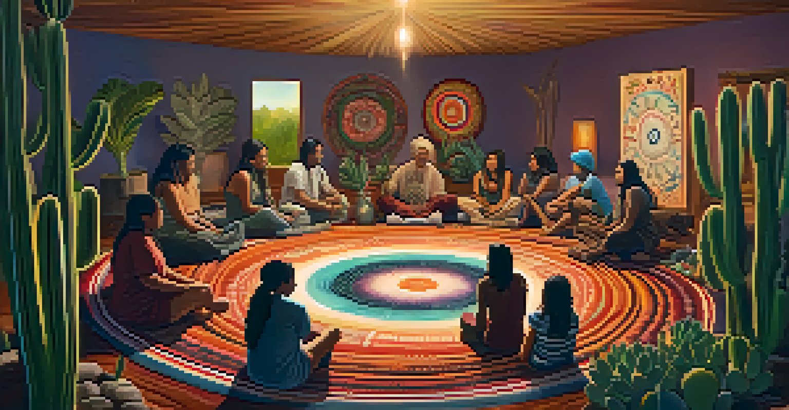 A diverse group of individuals sharing stories in a cozy room, with a small peyote cactus in the center, emphasizing unity and spirituality.