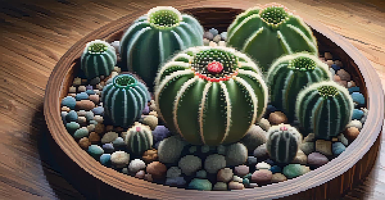 A circular arrangement of Peyote cacti on a wooden surface, highlighting their unique patterns and colors in a warm, inviting setting.