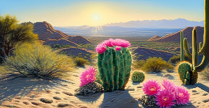 A peyote cactus with pink flowers in a sunny desert landscape with trees and mountains in the background.