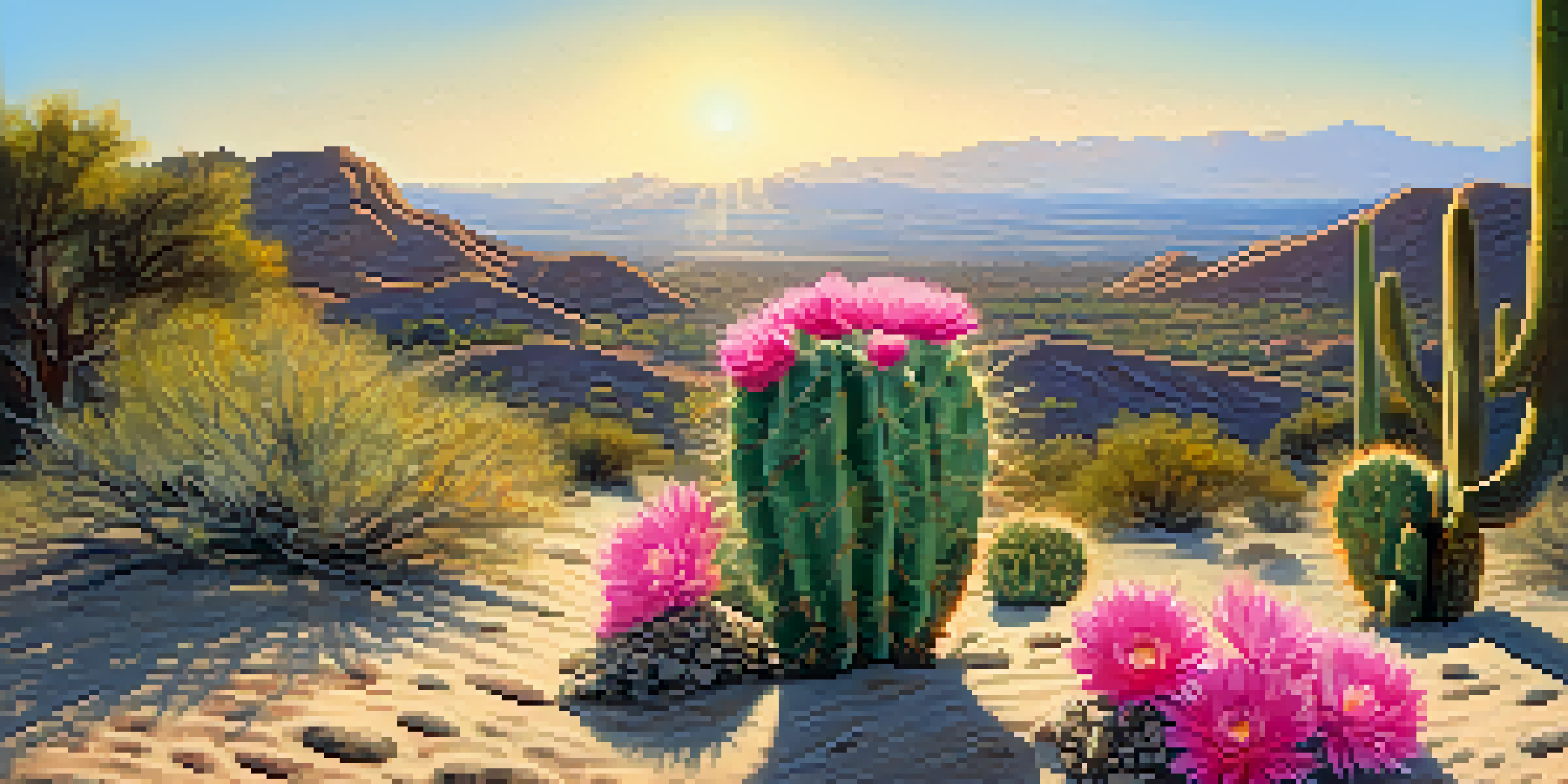 A peyote cactus with pink flowers in a sunny desert landscape with trees and mountains in the background.