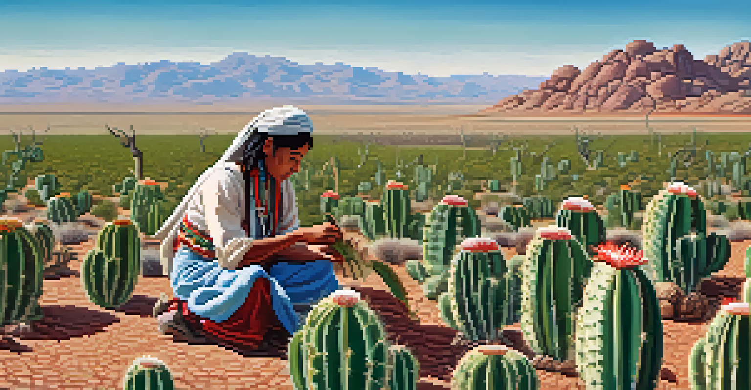 An Indigenous person carefully harvesting a Peyote cactus in a lush desert environment, emphasizing respect for nature.