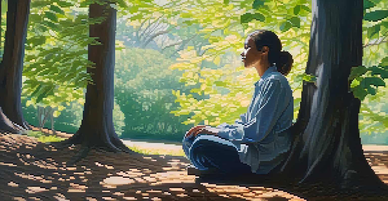 A person reflecting in nature, surrounded by trees and soft sunlight, representing introspection and personal growth.
