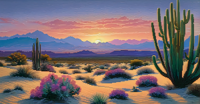 A tranquil desert scene at sunset with a peyote cactus in the foreground, vibrant colors reflecting off the sand and mountains in the background.