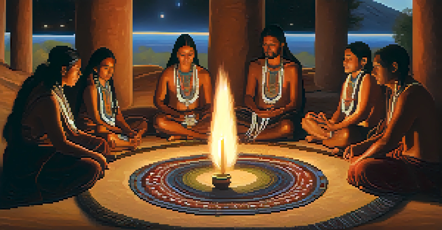 Indigenous individuals participating in a peyote ceremony in a sacred setting.