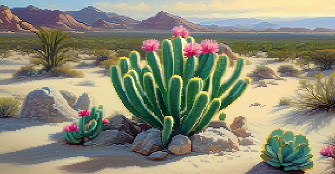A peyote cactus with pink flowers in a sunlit desert landscape, surrounded by golden sand and small desert plants.