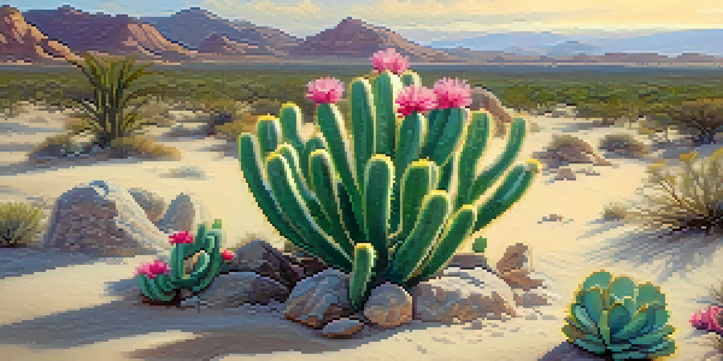 A peyote cactus with pink flowers in a sunlit desert landscape, surrounded by golden sand and small desert plants.