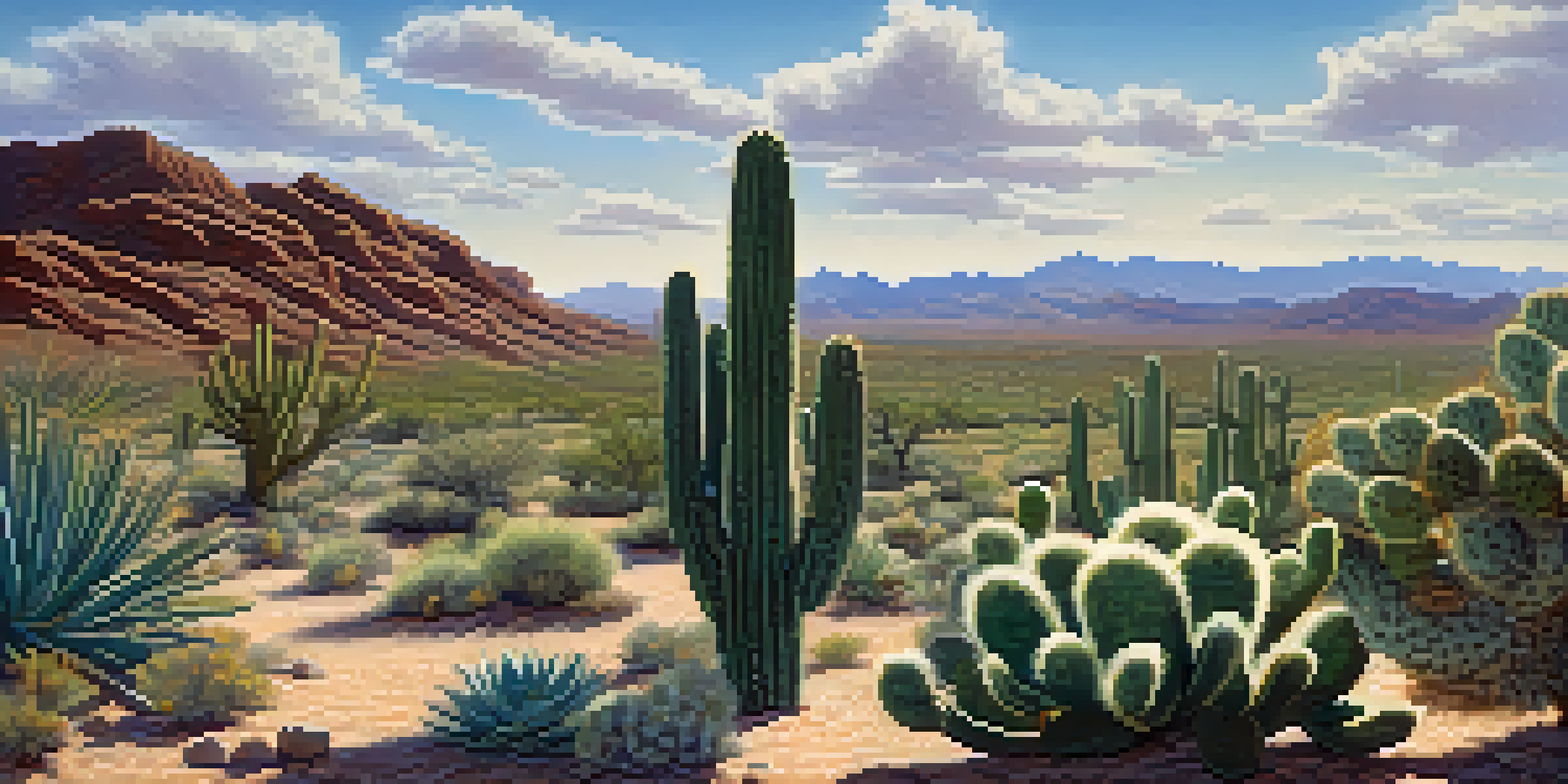 A tranquil desert landscape featuring vibrant green peyote cacti under a clear blue sky with soft sunlight illuminating the scene.