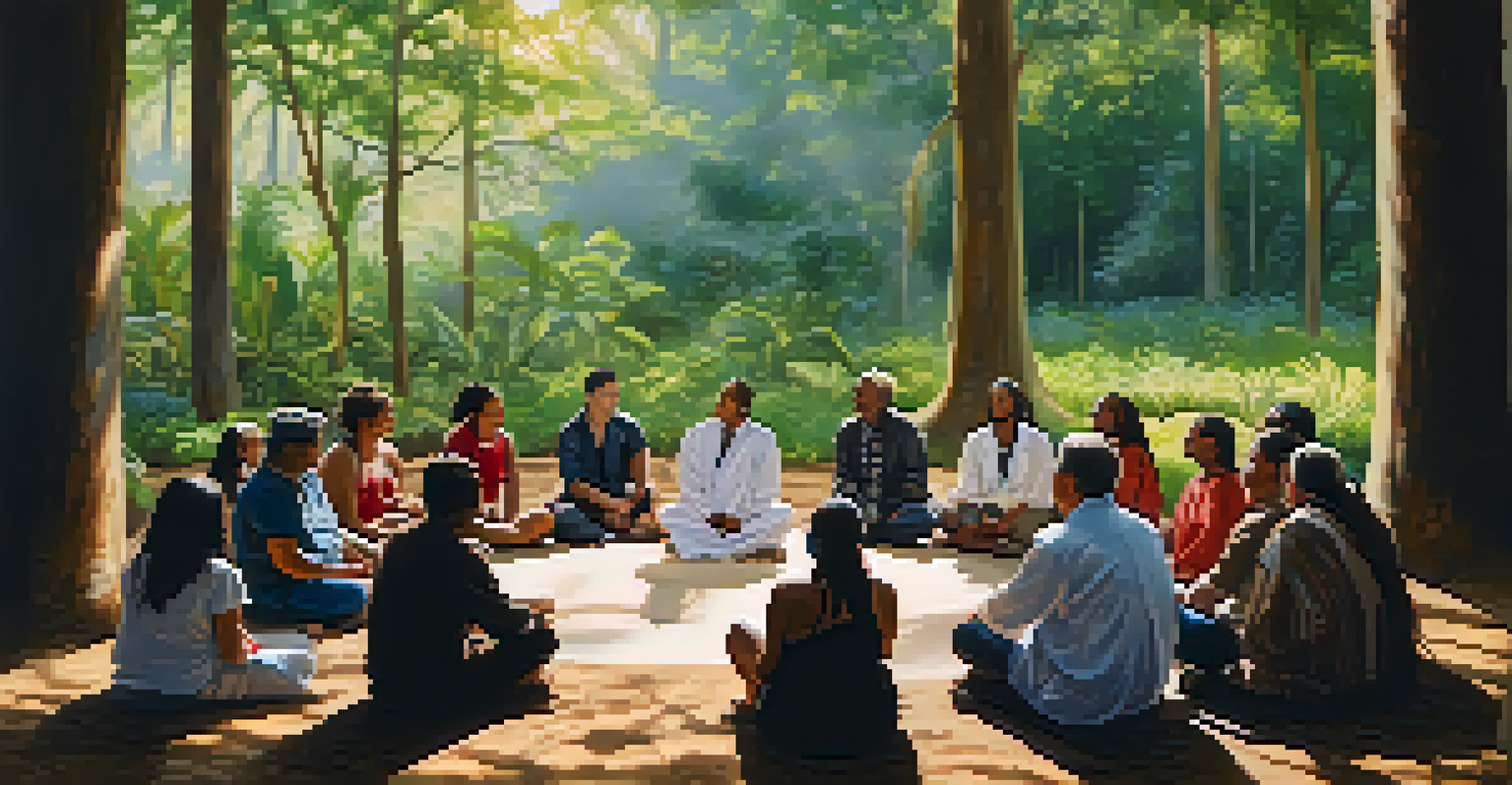A diverse group of individuals in a circle during a peyote ceremony, surrounded by nature and soft sunlight.
