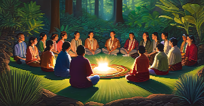 A group of participants in traditional attire sitting in a circle during a peyote healing ceremony in a lush forest, with candlelight illuminating their faces.