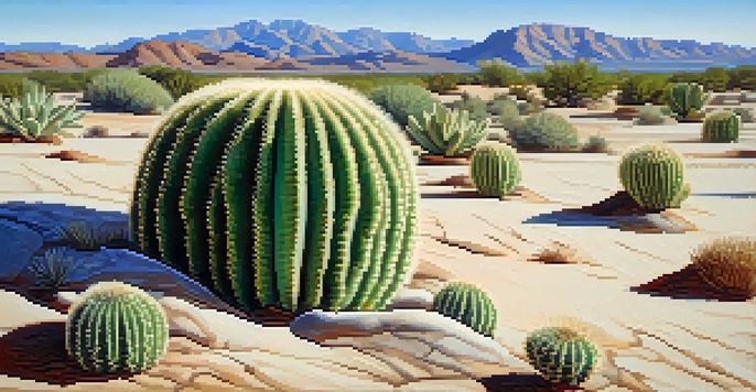 Close-up of a peyote cactus in a desert setting, focusing on its green body and tiny white hairs with a blue sky above.