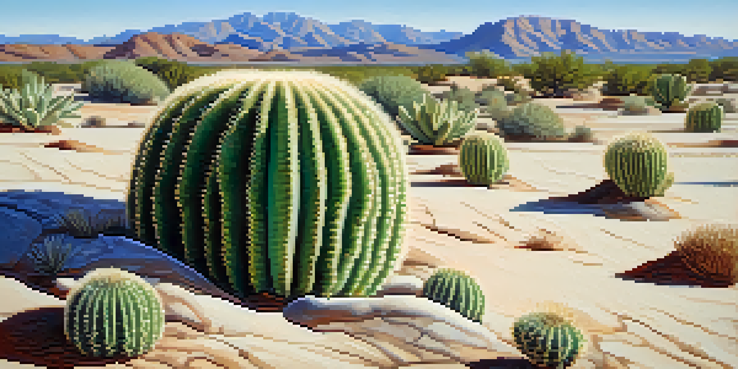 Close-up of a peyote cactus in a desert setting, focusing on its green body and tiny white hairs with a blue sky above.