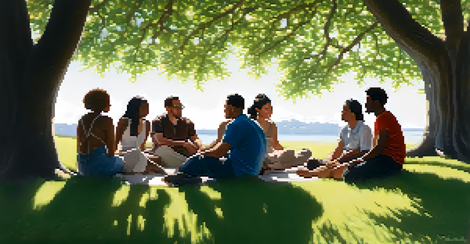 A diverse group of people sitting in a circle under a tree, engaged in conversation, with sunlight filtering through the leaves.