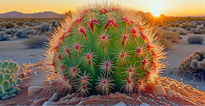A close-up view of a peyote cactus showing its spines and texture with a sunset in the background.