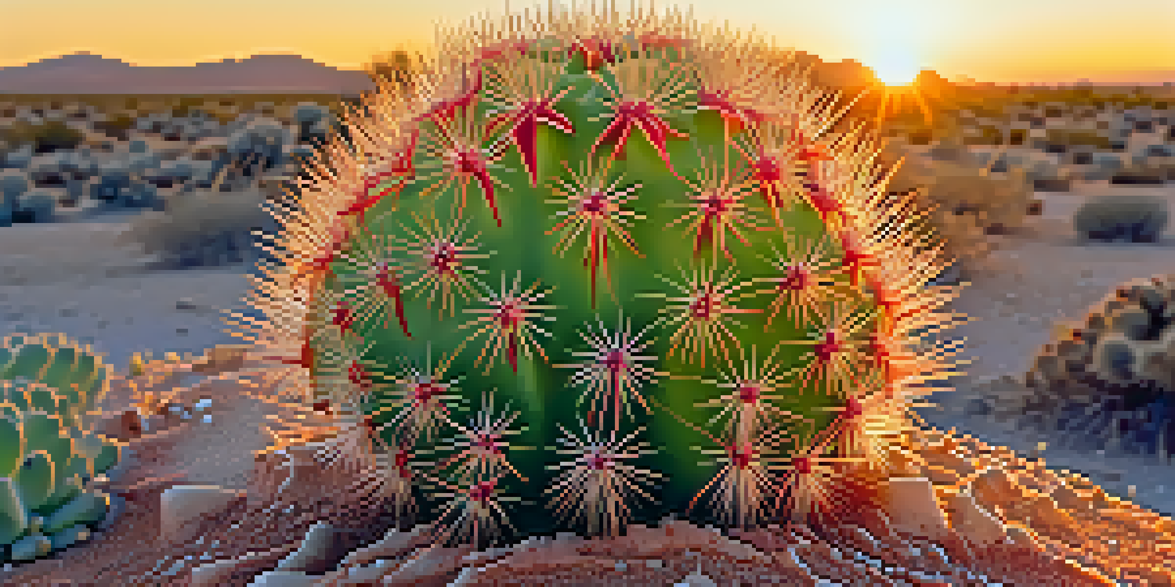 A close-up view of a peyote cactus showing its spines and texture with a sunset in the background.