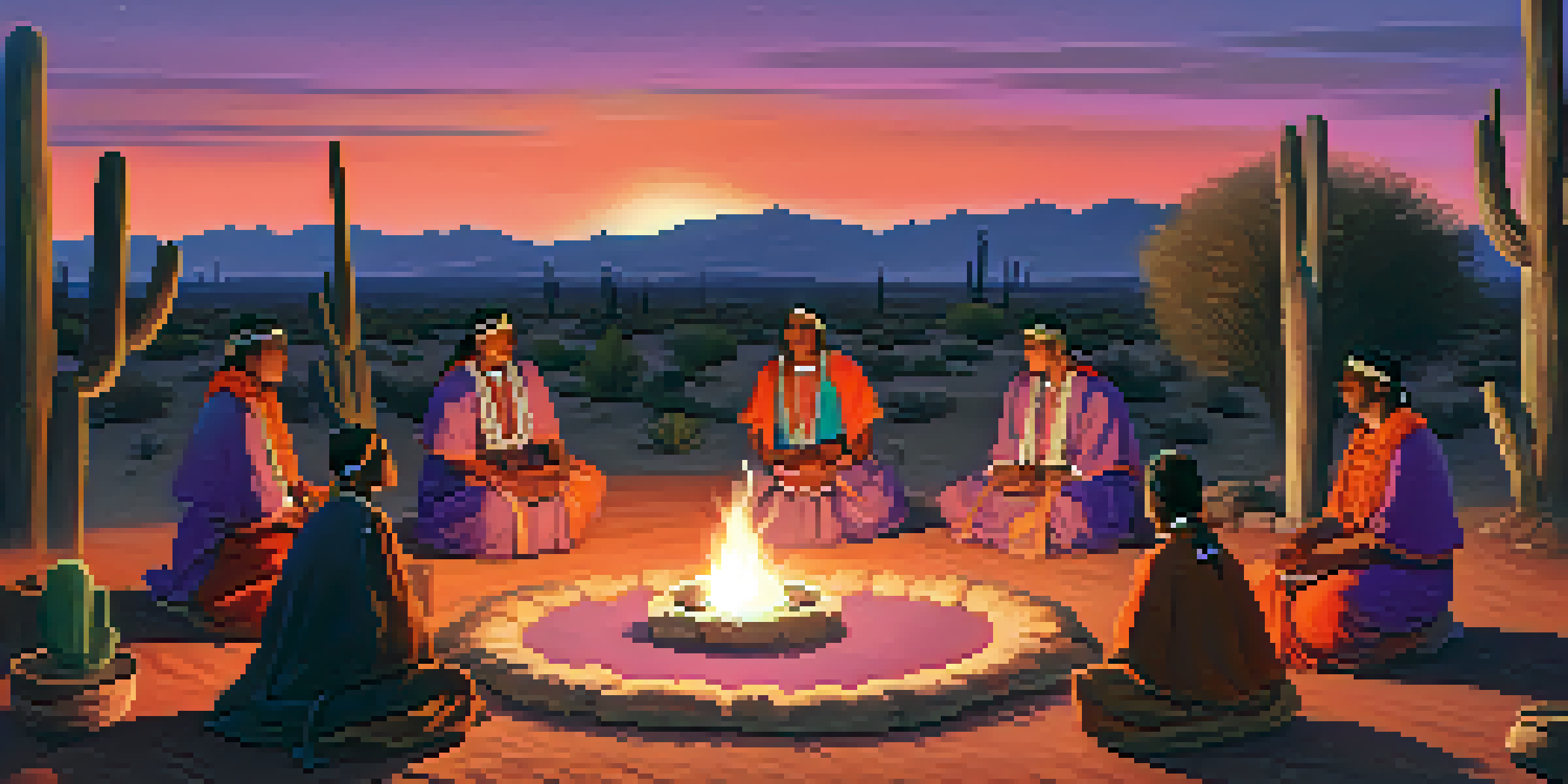 An Indigenous ceremony at dusk with participants in traditional attire gathered around a fire, surrounded by Peyote cacti and desert plants.